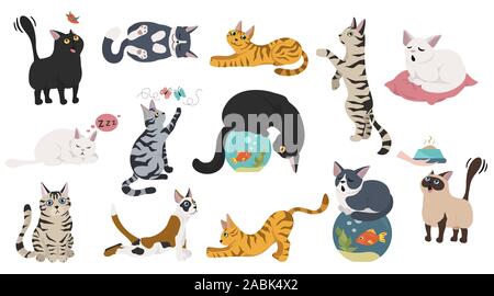 Cartoon cat characters collection. Different cat`s poses, yoga and emotions set. Flat color simple style design. Vector illustration Stock Vector